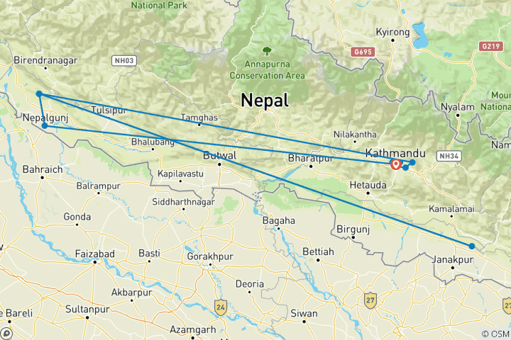 Kaart van Kathmandu Vallei en Bardia Nationaal Park Tour - 8 Dagen