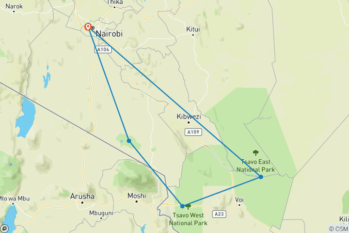 Kaart van Wildlife safari van 4 dagen: Amboseli, Tsavo West & Tsavo East Nationaal Park safari