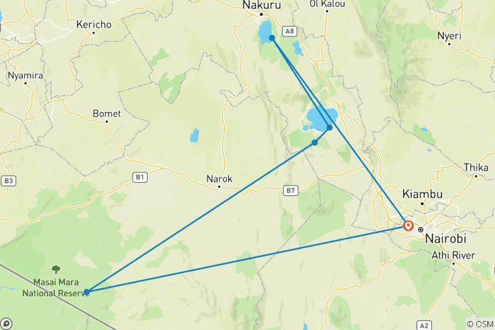 Kaart van 5 Dagen Hell's Gate, Lake Naivasha, Lake Nakuru & Masai Mara middenklasse lodge safari