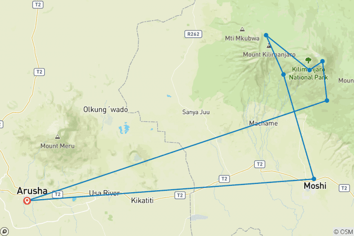 Map of 8 Days Mount Kilimanjaro Climbing Through Machame Route