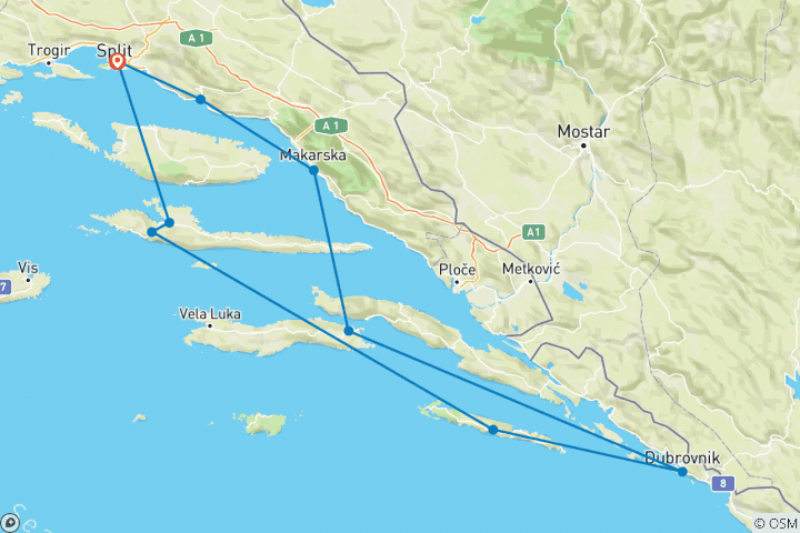 Kaart van Zeilavontuur in Kroatië – 8 dagen (9 bestemmingen)