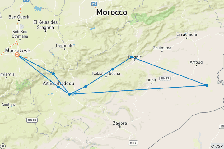 Karte von Marrakesch nach Merzouga Wüstenabenteuer in 5 Tagen