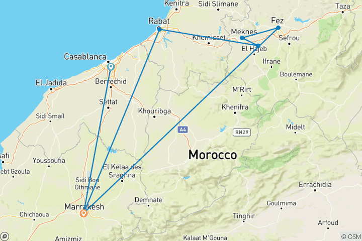 Karte von 4-tägige Imperial Cities Tour durch Marokko