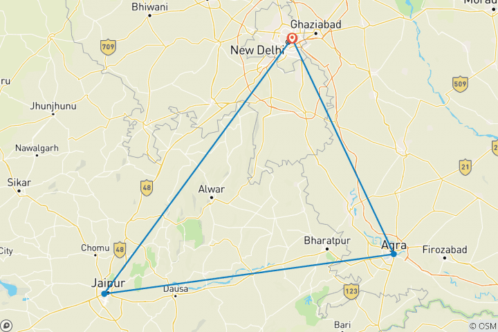 Kaart van 3 Daagse Gouden Driehoek Tour inclusief Taj Mahal Bezoek en Hoofdstad van India