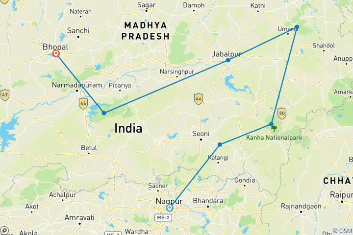 Karte von 13 Tage Exotische Schätze der indischen Tierwelt Tour(ALL INCLUSIVE)