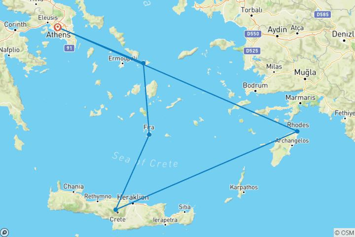 Carte du circuit 13 jours d'excursion à Mykonos, Santorin, Crète et Rhodes