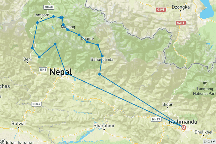 Map of Annapurna Circuit Trek 18 Days