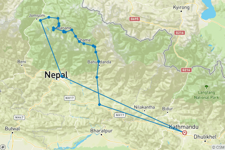 Kaart van Annapurna Circuit met Tilicho Lake Trek