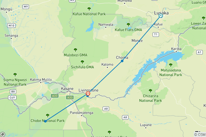 Carte du circuit 8 jours : Le meilleur de la Zambie, du Botswana (Chobe) et du Zimbabwe (Zambezi) - Safari animalier