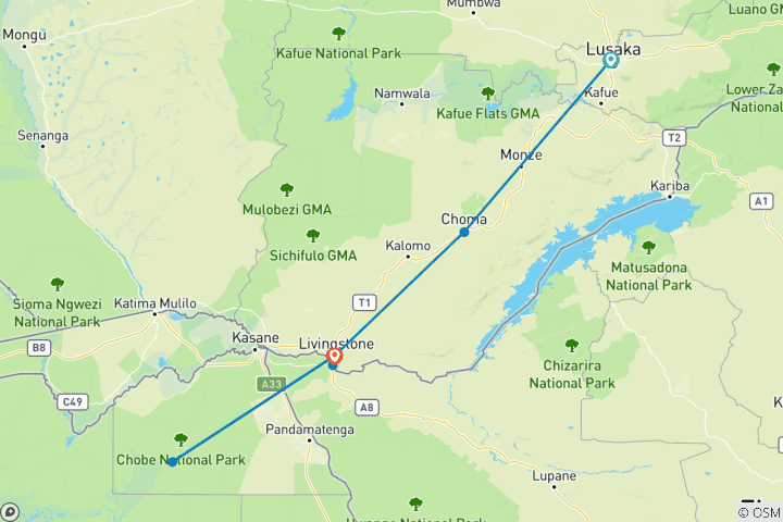 Carte du circuit 8 jours : Le meilleur de la Zambie, du Botswana (Chobe) et du Zimbabwe (Zambezi) - Safari animalier
