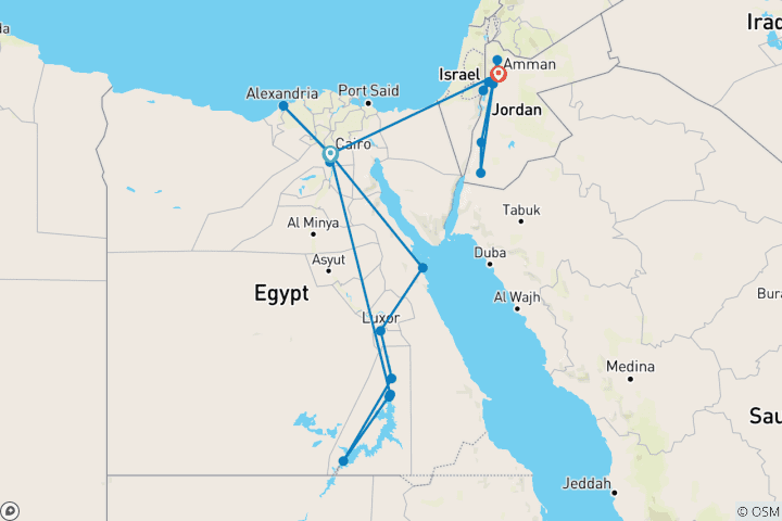 Carte du circuit Aventure en Egypte et Jordanie avec croisière Felucca