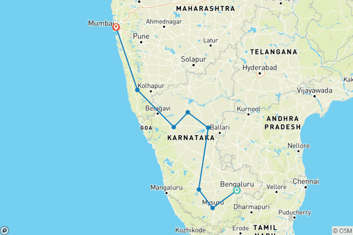 Map of Customized Culture & Beach Family Holiday in India, Daily Depart
