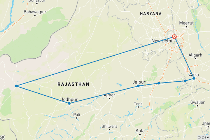 Carte du circuit Voyage sur mesure de 9 jours dans le Triangle d'Or avec Jaisalmer et Jodhpur, départ quotidien