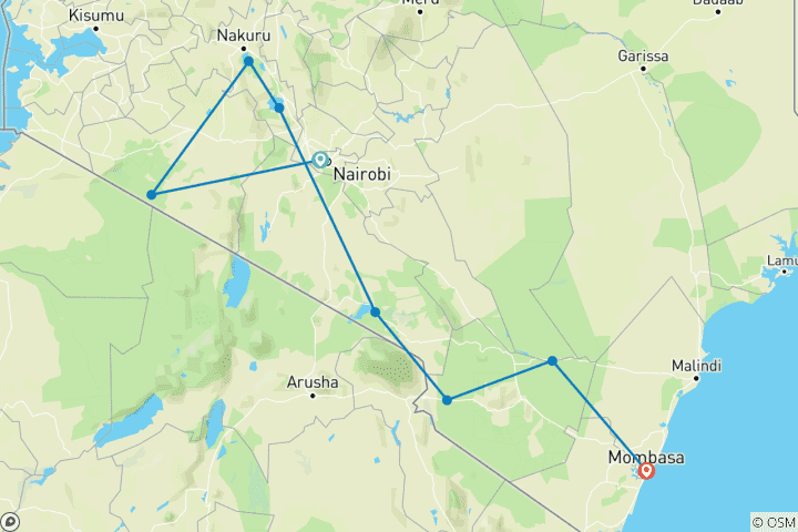 Kaart van 8 daagse Kenia budget safari met gedeeld voertuig 2026