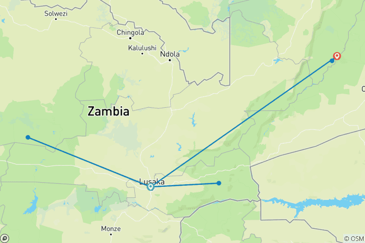 Map of Nyati BIG-5 Classic “Best of Zambia” Safari Experience: Lower Zambezi, Kafue (Busanga Plains) and South Luangwa National Parks – 11 days