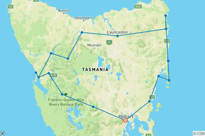 Carte du circuit Famous 5 - Circuit de 5 jours en Tasmanie