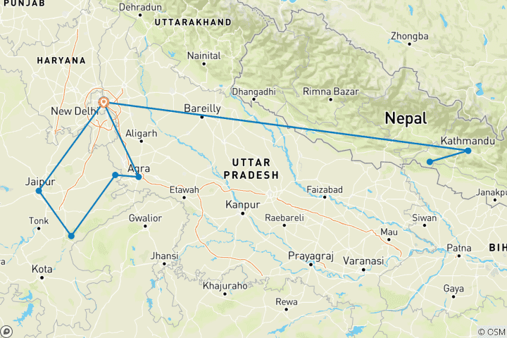Carte du circuit LUXUEUX Circuit de 14 jours en Inde, au Népal et au Taj Mahal (TOUT COMPRIS)