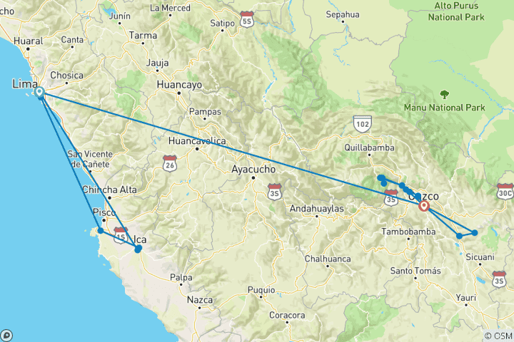 Carte du circuit Aventures incas - 7 jours (Lima, Paracas, Ica, Cusco, Machu Picchu et la Montagne arc-en-ciel) - Avec vols intérieurs