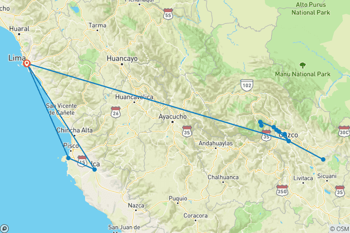 Carte du circuit Inca Adventures - 7 jours (Lima, Paracas, Ica, Cusco, Machu Picchu et Rainbow Mountain) - Avec vols intérieurs