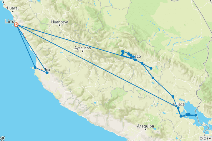 Map of Peru Express - 10 Days (Lima - Cusco - Machu Picchu & Puno) With Domestic Flights