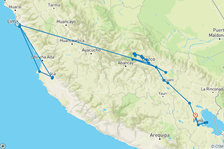 Carte du circuit Pérou Express - 10 jours (Lima - Cusco - Machu Picchu & Puno) avec vols intérieurs
