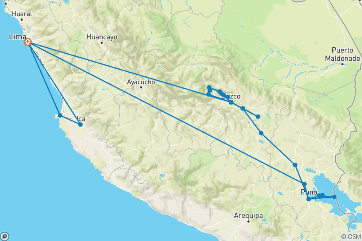 Mapa de Perú Express - 10 Días (Lima - Cusco - Machu Picchu & Puno) Con Vuelos Nacionales