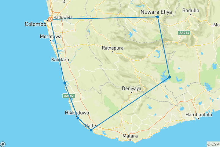 Mapa de Itinerario de 6 días por Sri Lanka