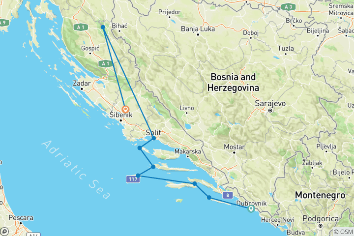 Kaart van Wijn & zeilen in Kroatië - van Dubrovnik naar Split