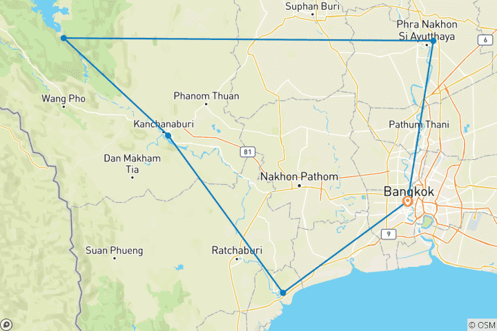 Karte von Bangkok, Kanchanaburi & Ayutthaya Privatreise