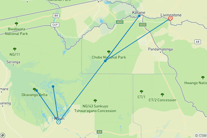 Map of 9 Days - Okavango  Delta Tour, Chobe National Park (Botswana) , Livingstone (Zambia) wildlife-focused safari