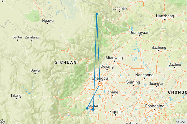 Carte du circuit 14 jours de visite à pied des sites du patrimoine mondial de l'UNESCO au Sichuan, province du Sichuan, Chine