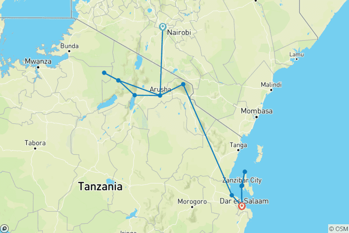 Carte du circuit 10 jours du Serengeti à Zanzibar (Camping)