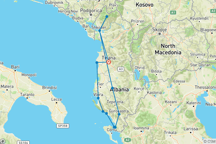 Map of Pearls of Albania; Semi - Private Tour with Dedicated Tour Leader & Car