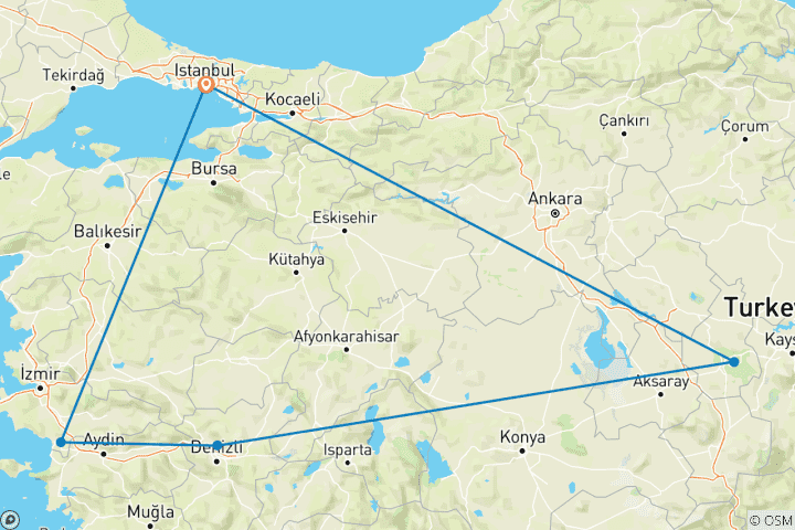 Map of Istanbul, Ephesus, Pamukkale, Cappadocia in 8 Days