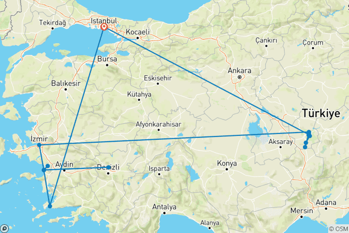 Kaart van 10-daagse rondreis Istanboel, Cappadocië, Efeze, Pamukkale en Bodrum