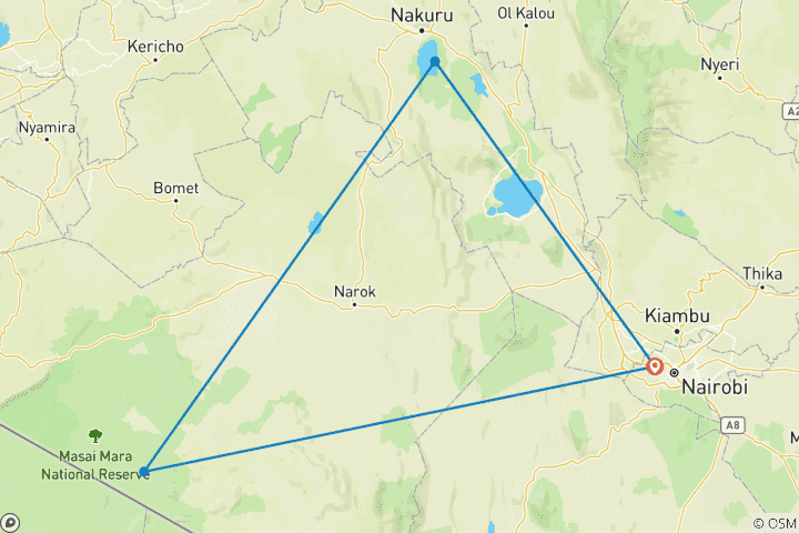 Map of Discover the Best of Kenya in 5 Days Private Budget Safari From Nairobi to Masai Mara, Lake Nakuru & Hell’s Gate