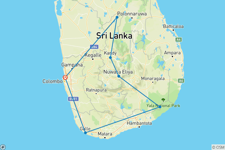 Carte du circuit Circuit essentiel de 7 jours en voiture privée au Sri Lanka