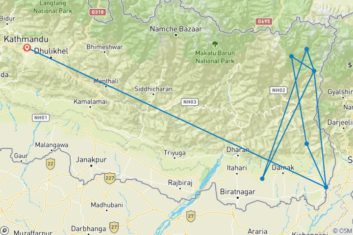 Kaart van Kanchenjunga zuidelijk basiskamp trekking