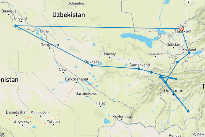 Map of Highlights of Ancient Uzbekistan & Ultimate Trek in Tajikistan (Small Group) - 17 Days