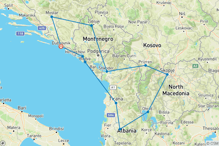 Carte du circuit Circuit en petit groupe ; Monténégro, Albanie, Macédoine du Nord, Kosovo et Bosnie de / à Dubrovnik