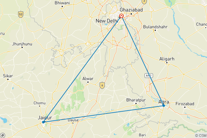 Carte du circuit L'Inde en 04 jours - Delhi, Agra, Jaipur - Circuit au Triangle d'Or