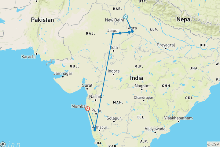 Carte du circuit Le meilleur de l'Inde : Triangle d'or avec séjour à Goa et à Mumbai