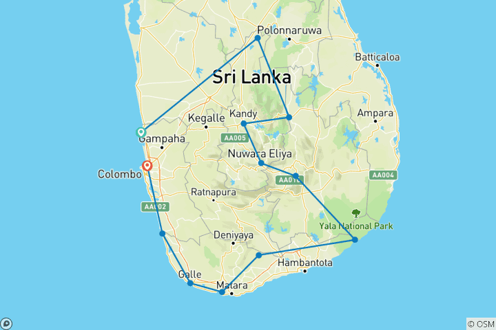 Karte von Kurztrip quer durch Sri Lanka