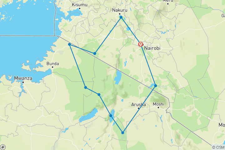 Carte du circuit 14 jours de safari photographique au Kenya et en Tanzanie avec Ali - Aventure photographique et animalière de luxe