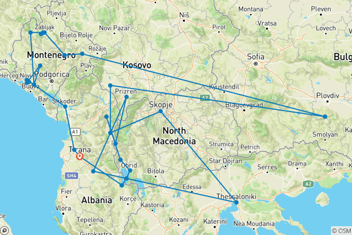 Carte du circuit Cyclisme dans les Balkans ( 4 Pays Albanie, Macédoine du Nord, Kosovo, Monténégro)