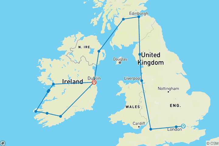 Carte du circuit Goût de la Grande-Bretagne et de l'Irlande - 14 jours/13 nuits