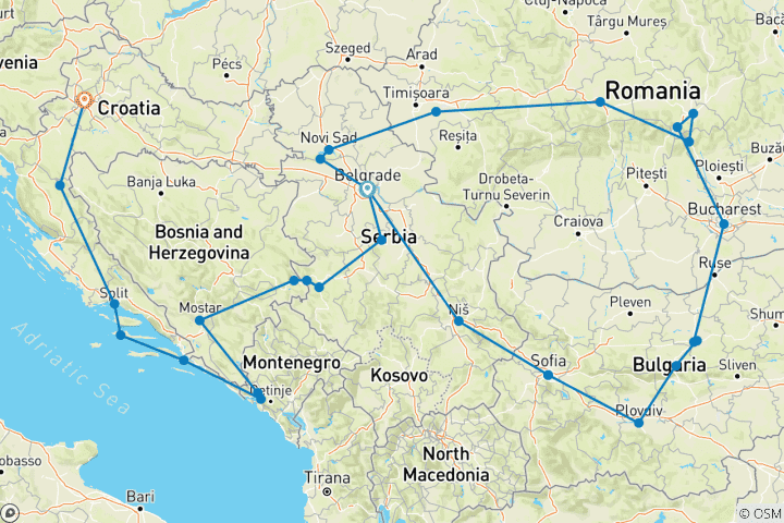 Carte du circuit Privé - Grand cercle des Balkans 22 jours