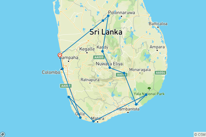 Map of Luxury Escape Sri Lanka – 12-Day Signature Adventure