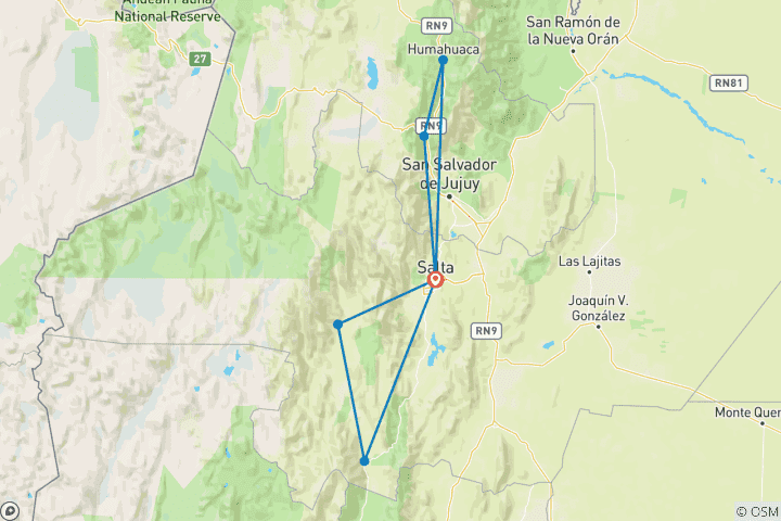 Carte du circuit 7 jours à travers le magnifique nord-ouest argentin