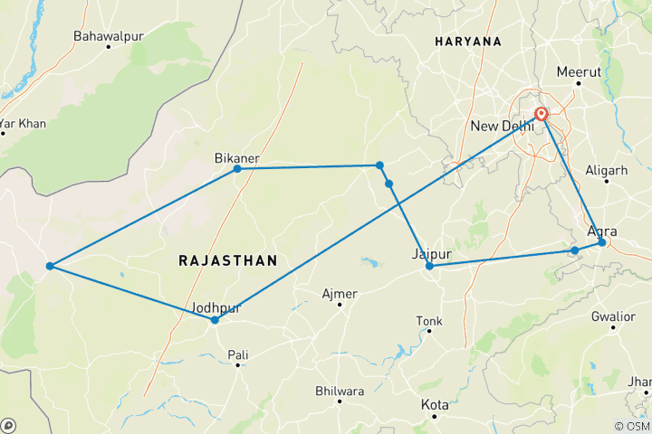 Kaart van 12-daagse rondreis door Rajasthan
